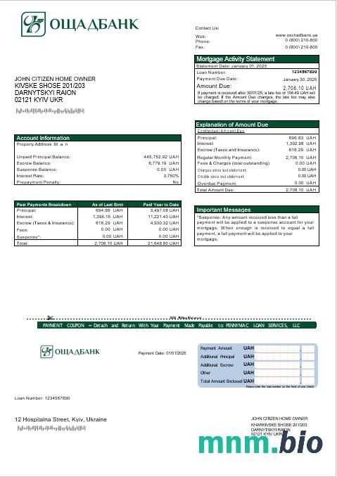Ukraina Oshadbank wyciąg z kredytu hipotecznego w formatach Word i PDF